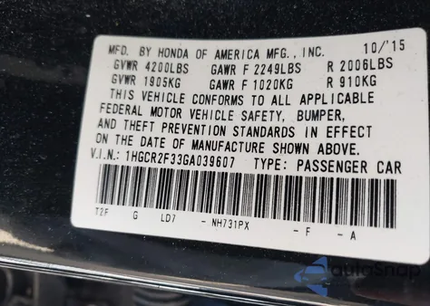 2016 Honda Accord Lx from USA, damaged, VIN 1HGCR2F33GA039607